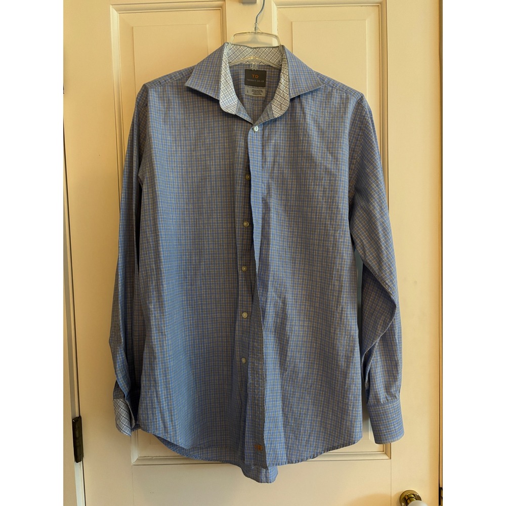 Thomas Dean Mens Blue Grey Micro Check Cotton Button Down Shirt Large RN 126508